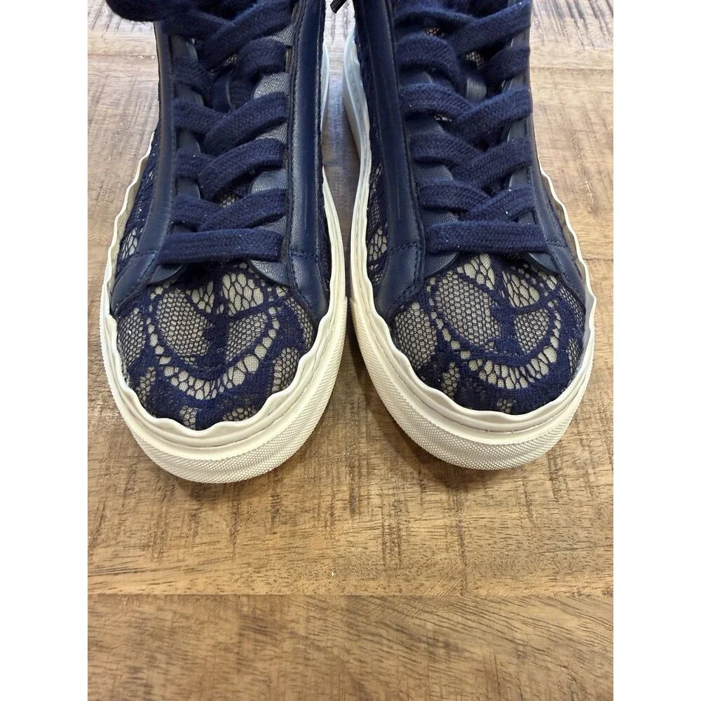 CHLOE Size 35 Lauren Lace Navy Blue White Sneakers Tennis Shoes Leather Scallop